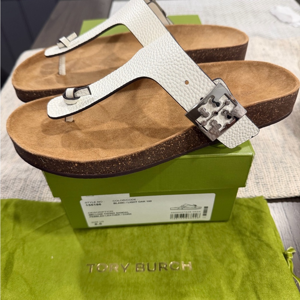 NEW Tory Burch Mellow Thong Sandals Pebbled Leather/Cork